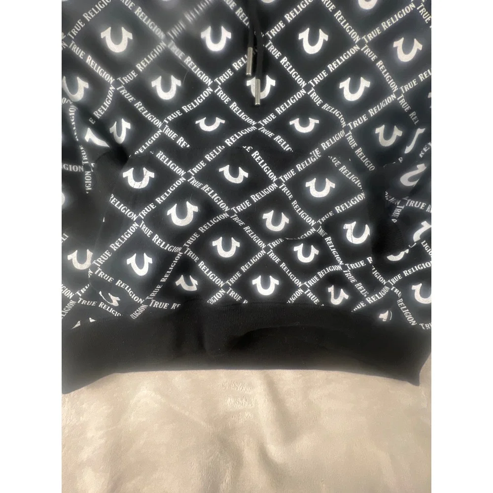 True Religion Mens Black White All Over Logo Print Pullover Hoodie Size Large